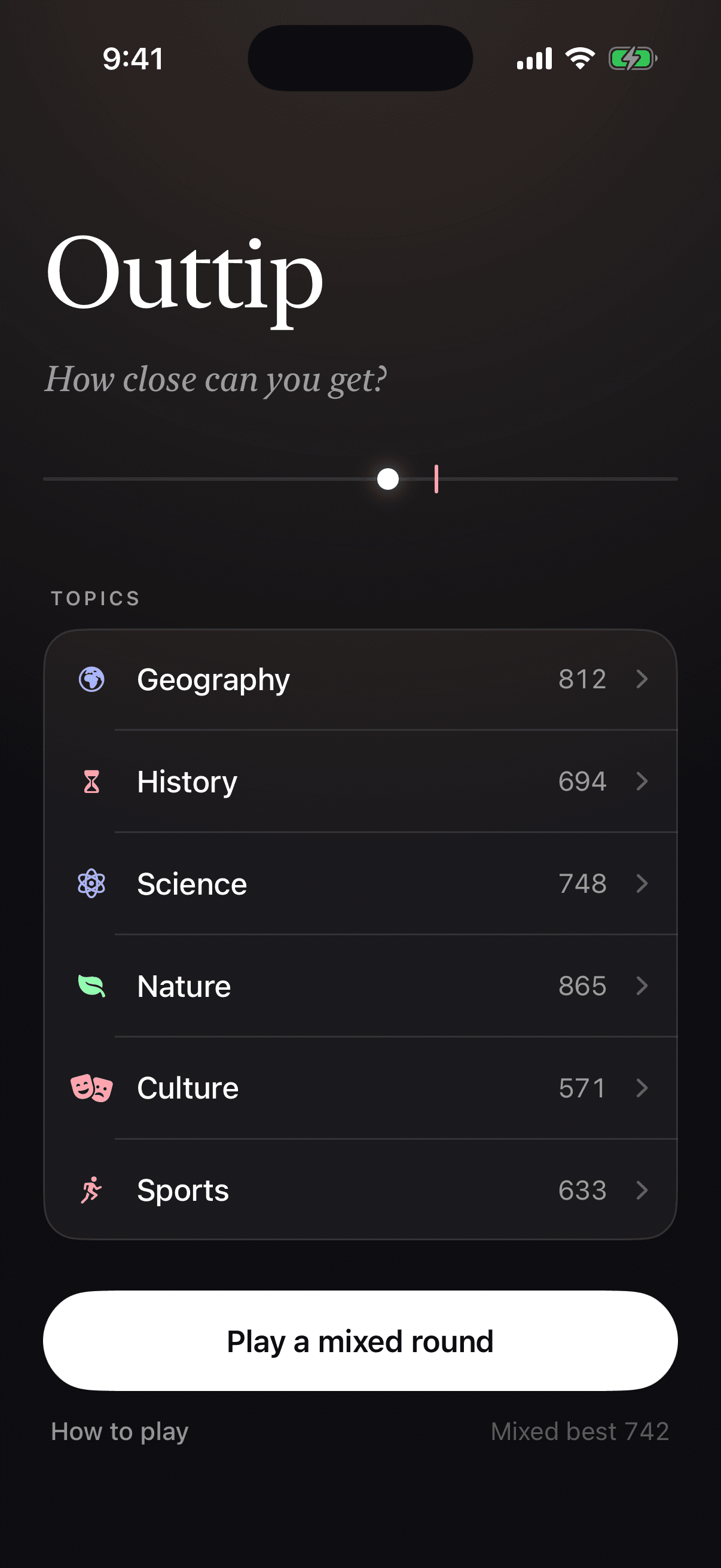 The menu: six topics with a best score each and a button to play a mixed round