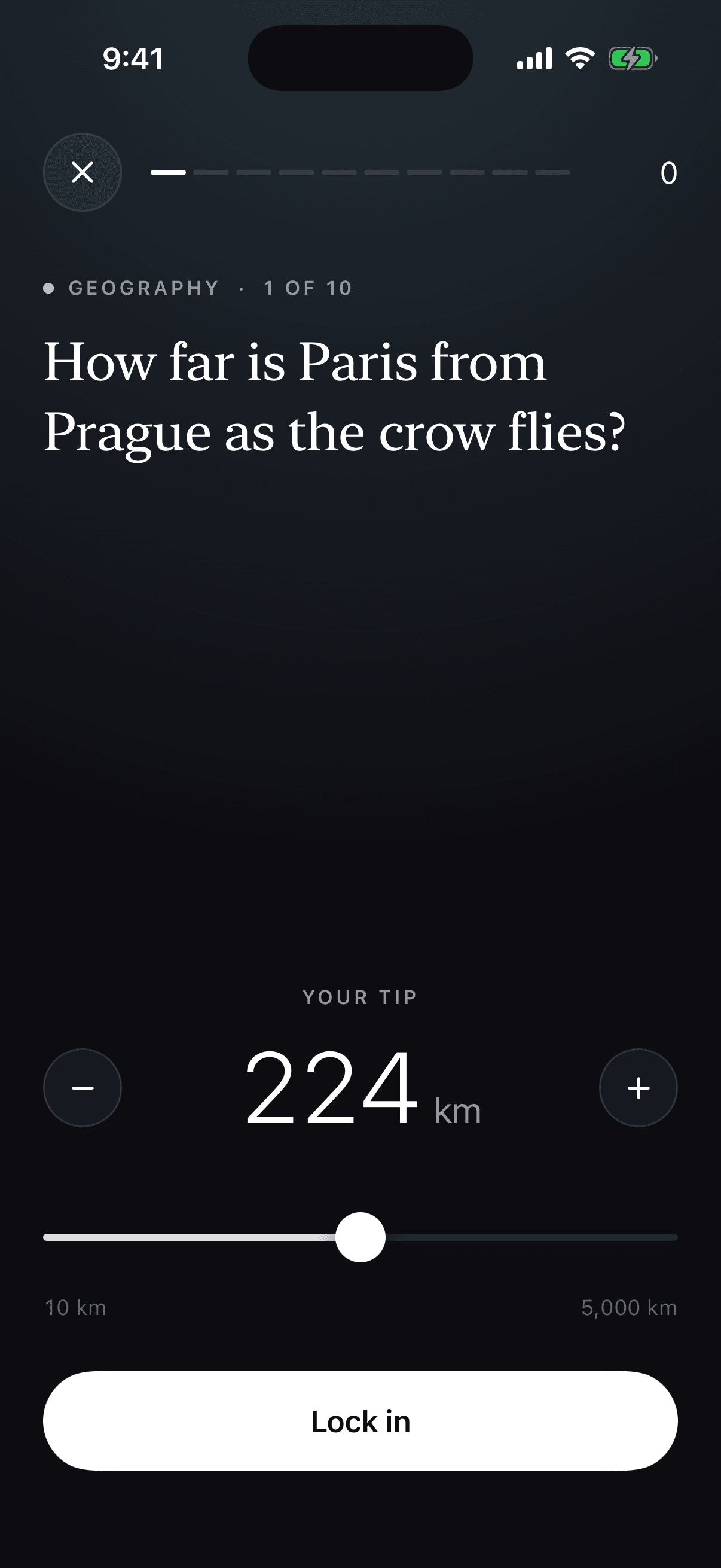 A geography question: how far is Paris from Prague as the crow flies, with a tip of 224 km on the slider