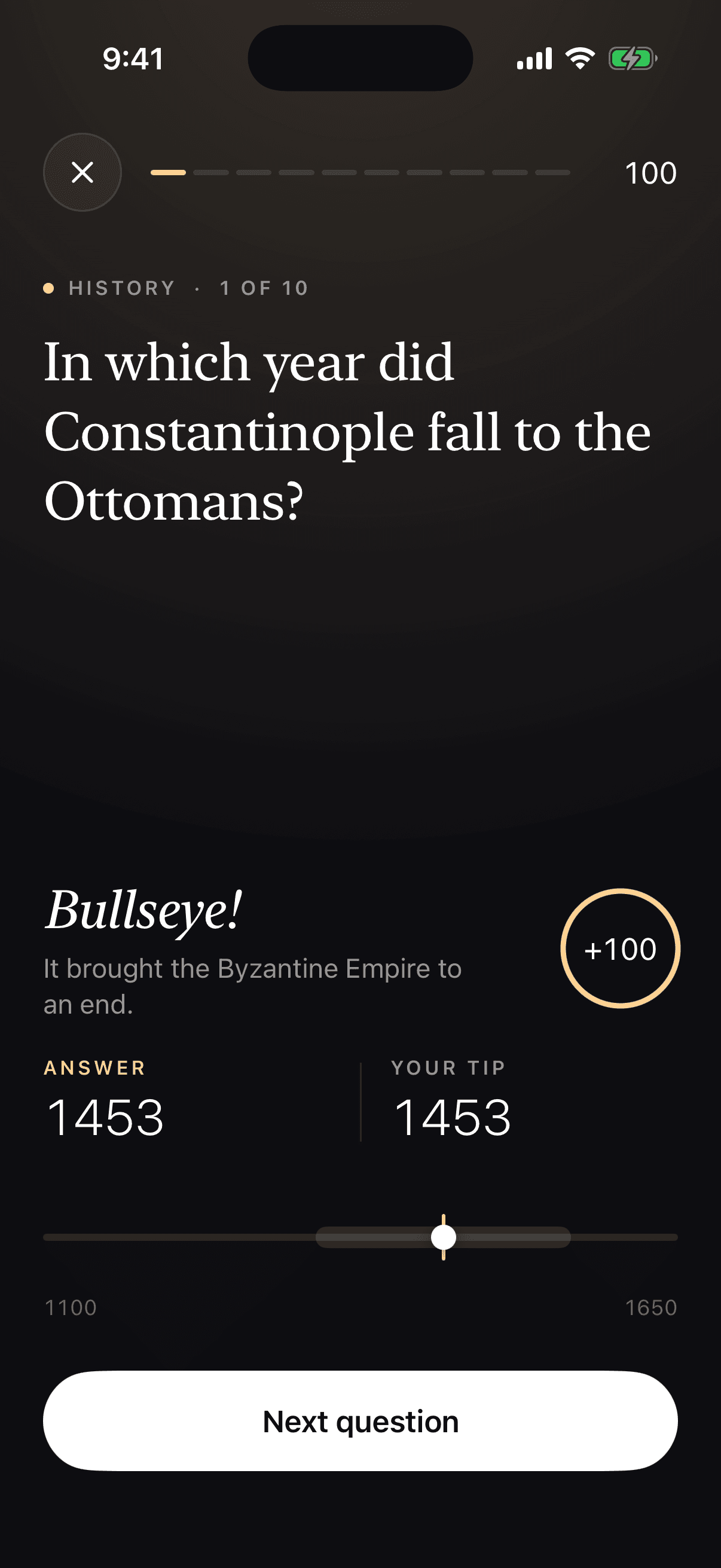 A history question answered exactly: Bullseye, plus 100 points