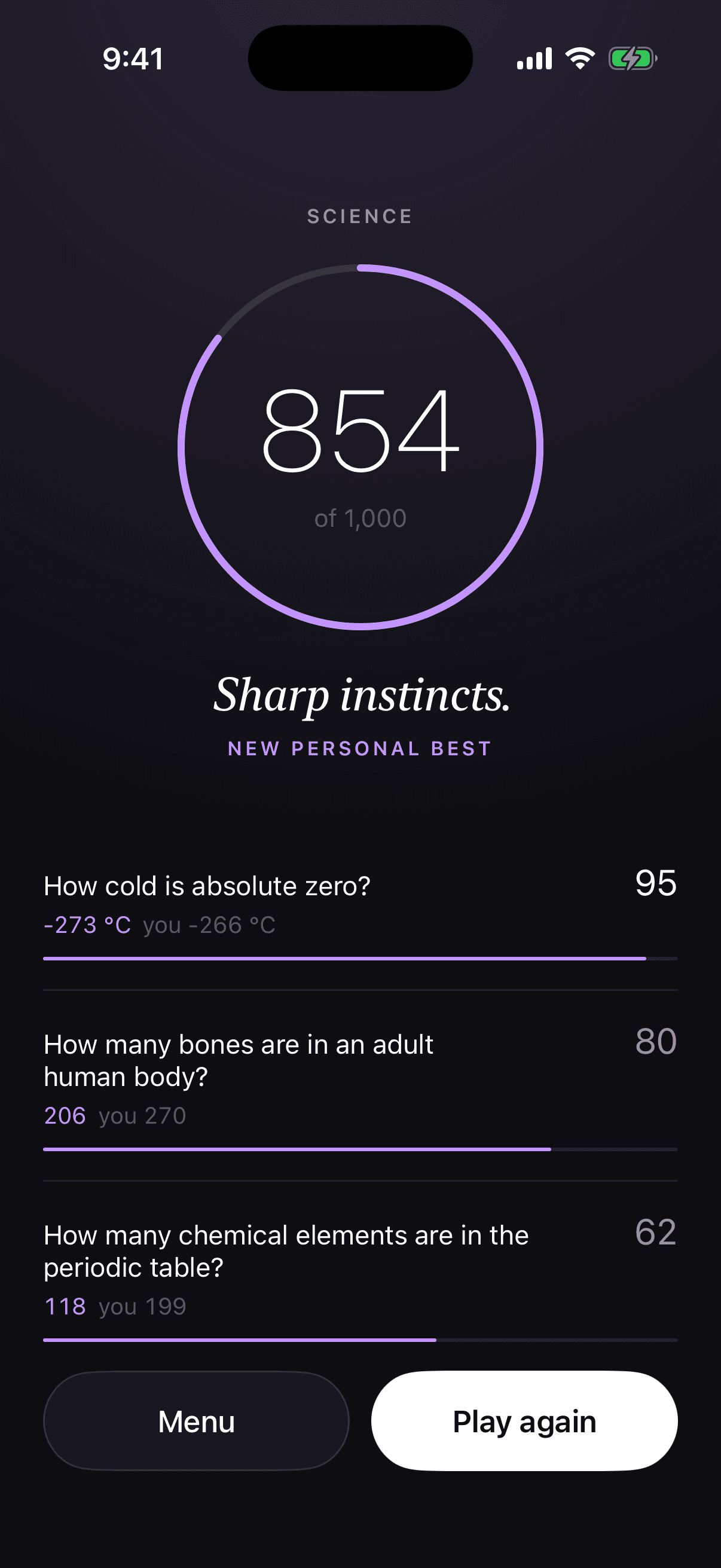 A finished science round: 854 of 1,000 and a new personal best